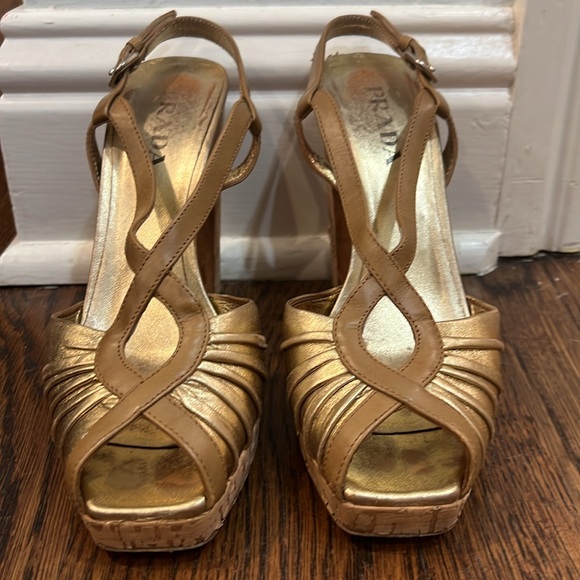 Prada Gold and Tan Peep Toe Sling Back Cork Platform Sandal - Picture 6 of 10
